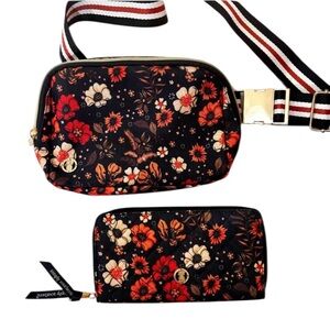 NWOT Simply Southern Bundle Black Orange and Red Floral Belt Bag and Wallet Set